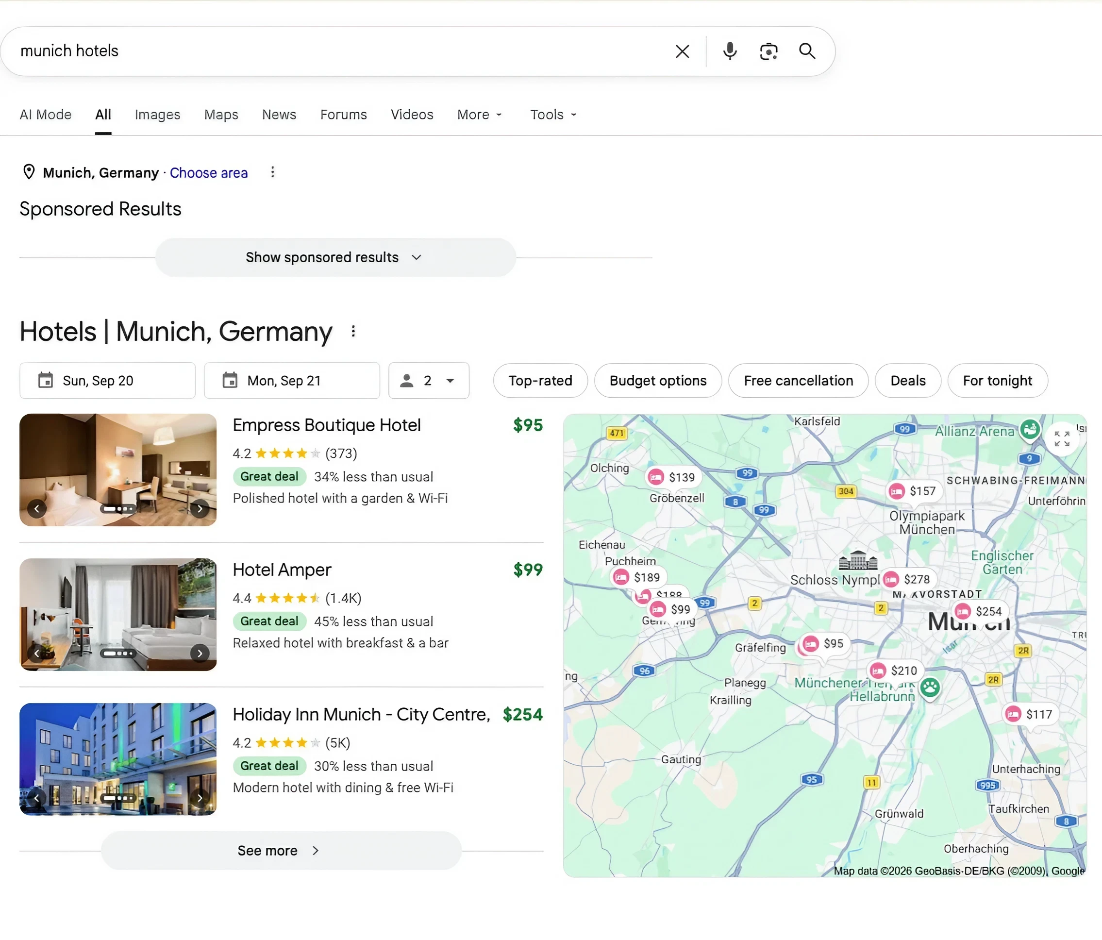 Google hotel search results in Europe