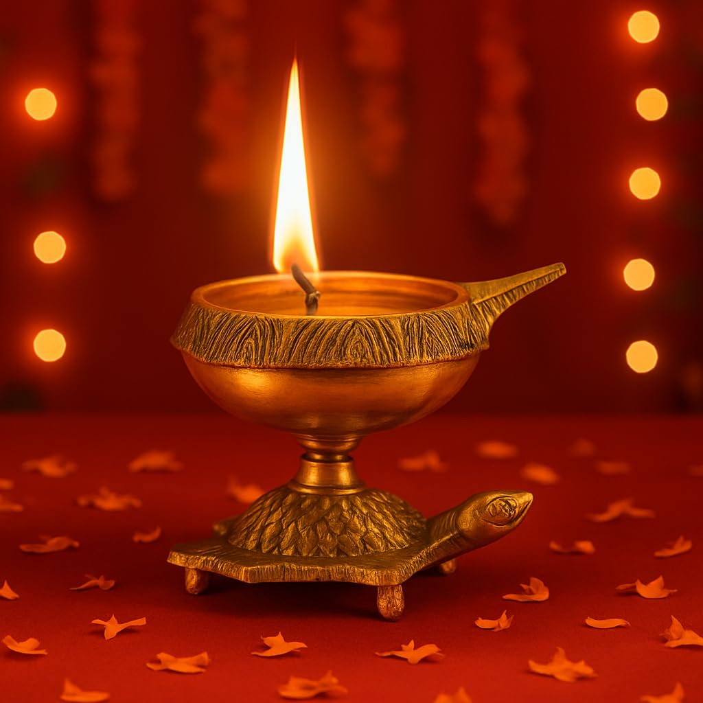 Collectible India Brass Diya Oil Lamp with Turtle Base for Home Temple & Pooja (1 Piece)