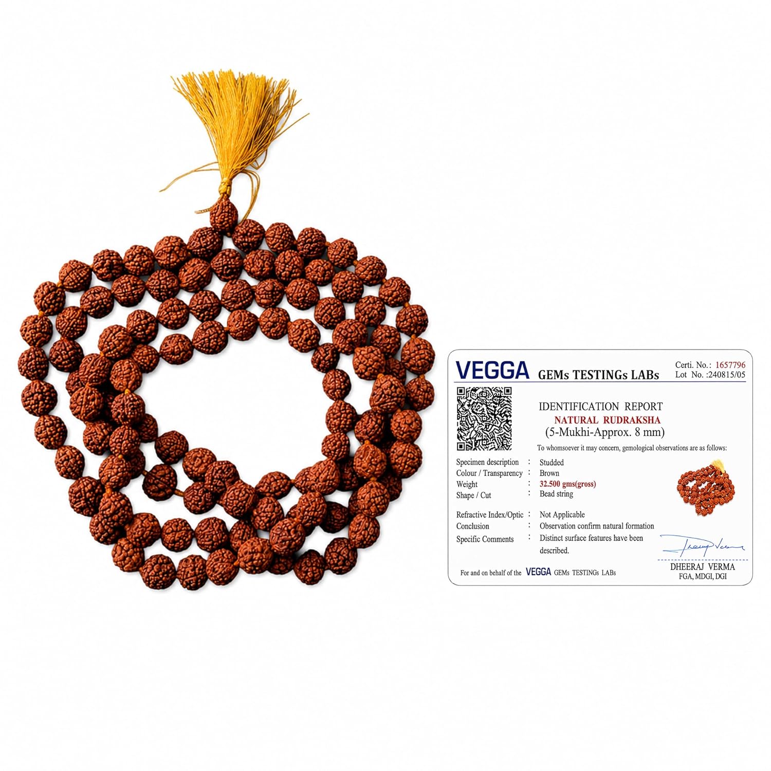 Original 5 Mukhi Rudraksha Mala 108 Beads with Lab Certificate (7–8 mm)