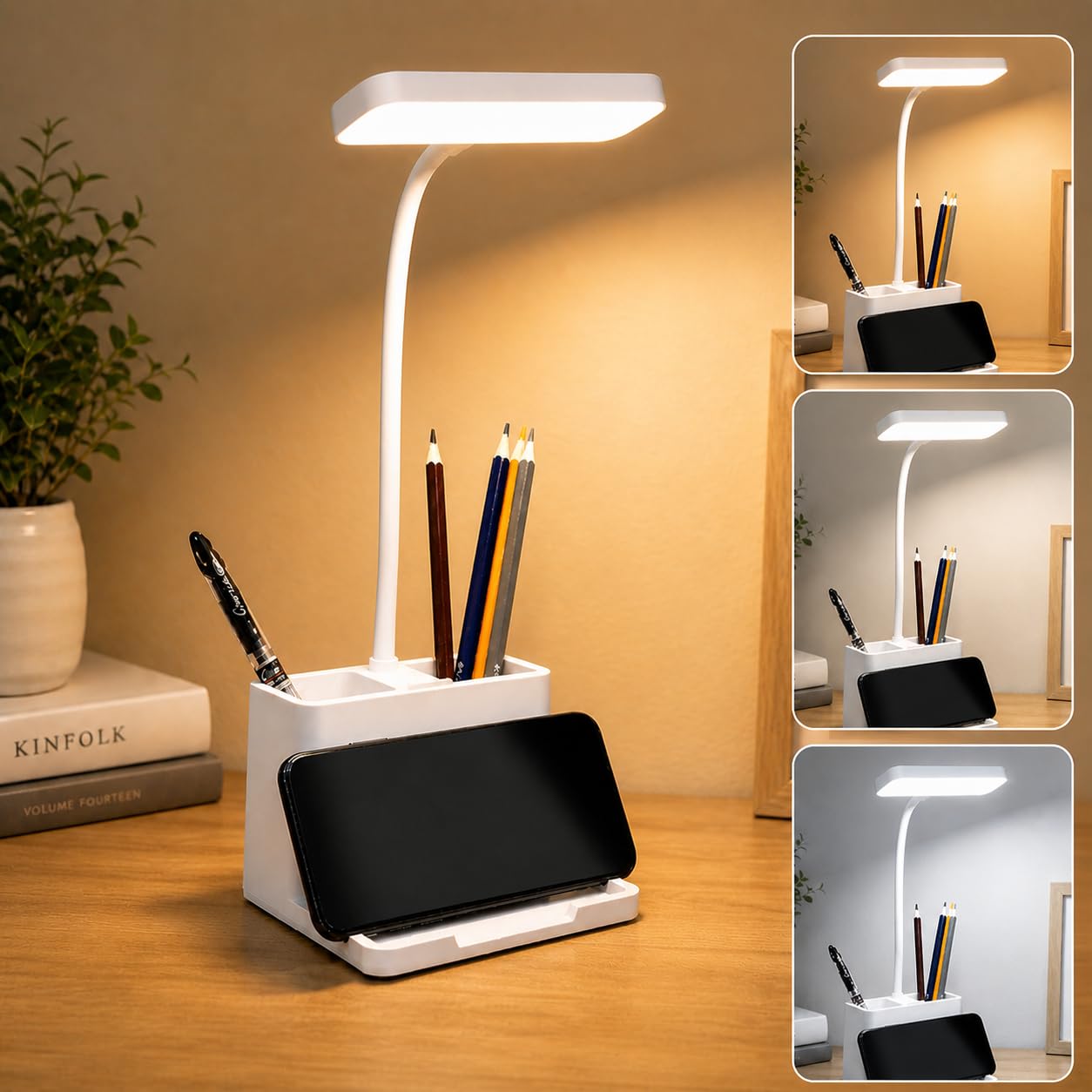 FLYNGO Rechargeable LED Study Table Lamp with 3 Light Modes, Pen & Phone Holder (White)