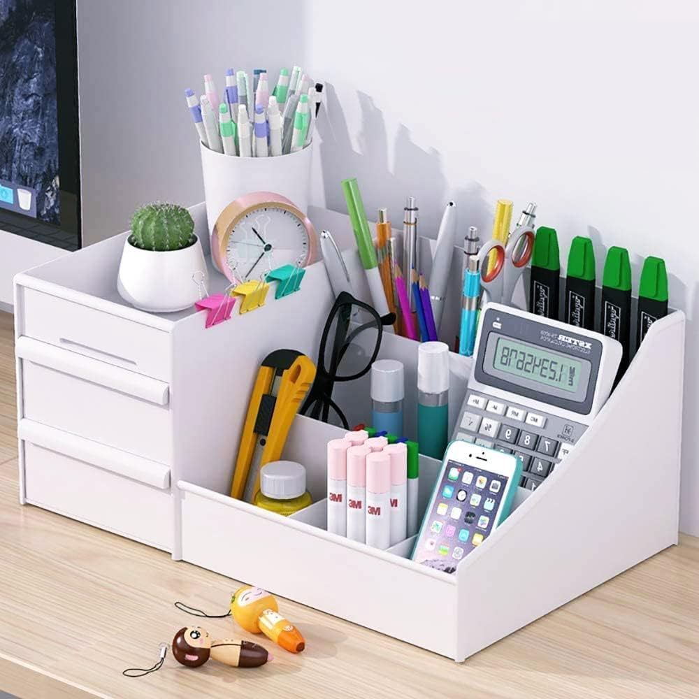 Shuttle Art Office Desk Organizer with Drawer & 8 Compartments – Pen Holder and Desktop Storage (White)