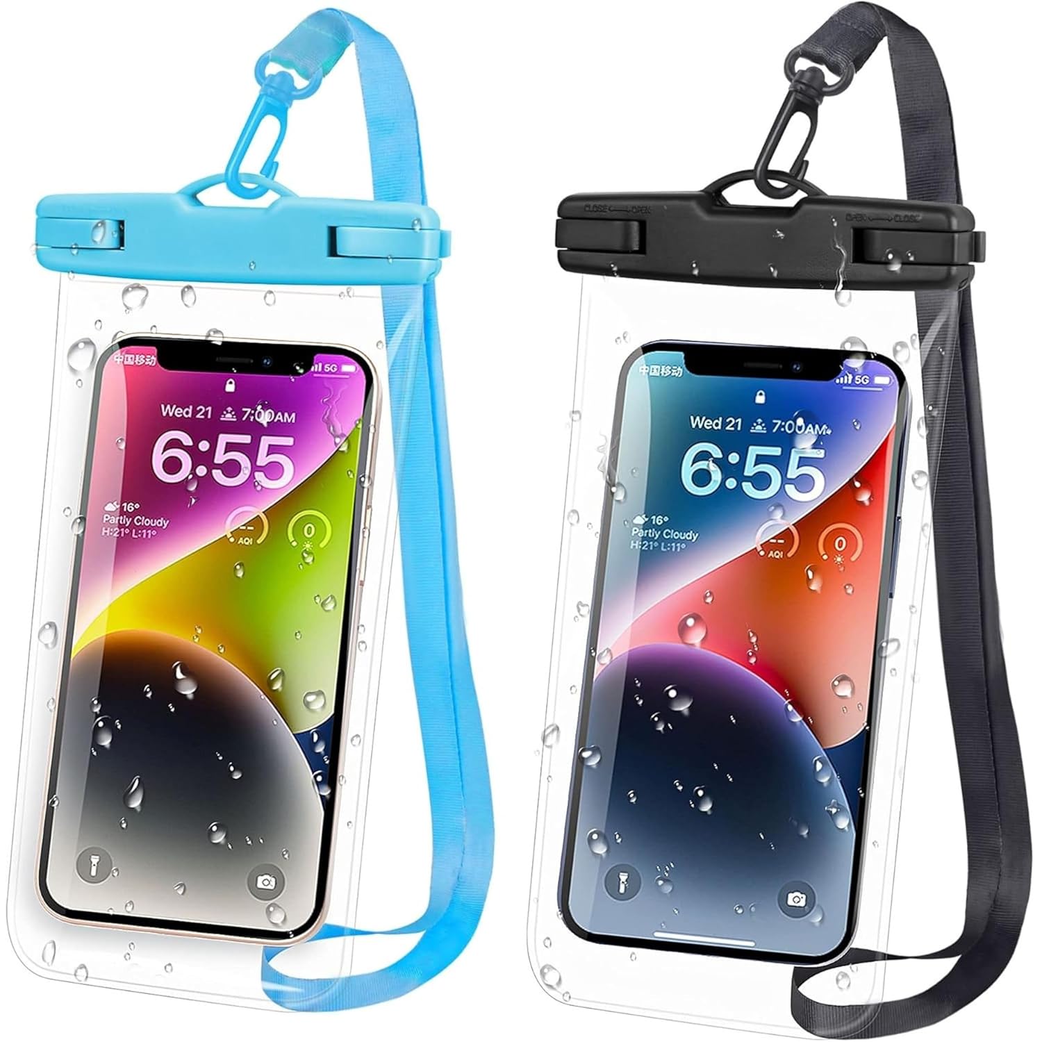 Universal IPX8 Waterproof Phone Pouch with Lanyard for Smartphones up to 7 Inches (Black & Blue)