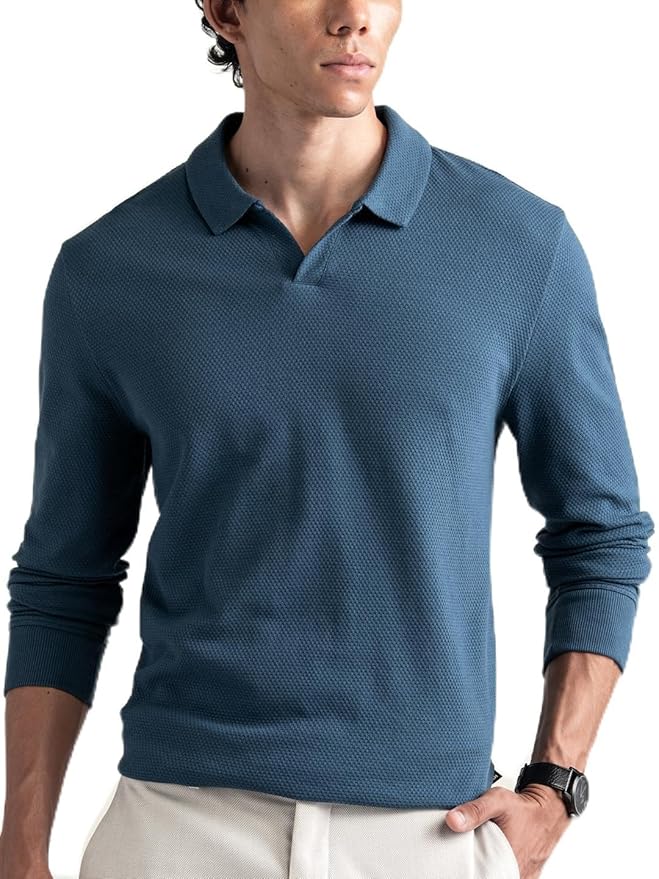 DAMENSCH Men’s Statement Popcorn Polo T-Shirt | Johnny Collar, Full Sleeves & Premium Cotton Blend