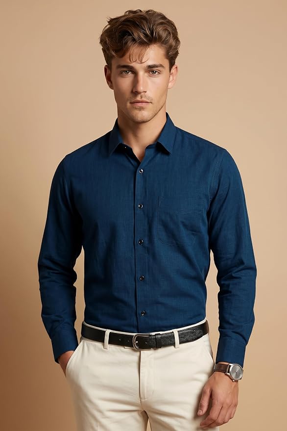 Peter England Men’s Regular Fit Solid Shirt | Cotton-Rich Everyday Casual Shirt with 5-Pin Pocketing