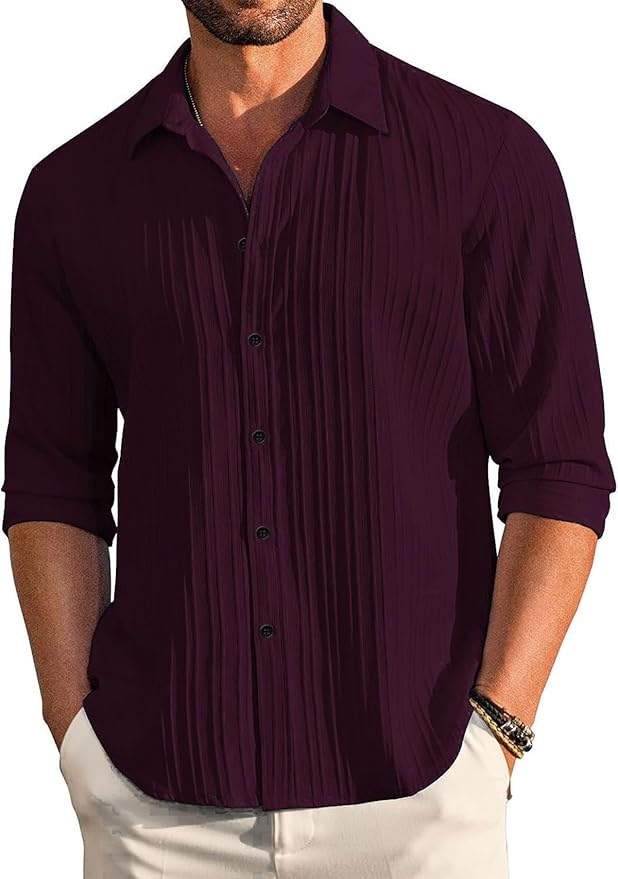 DEELMO Men’s Casual Linen Shirt | Long Sleeve Button-Down Textured Shirt | Beach, Summer & Everyday Wear