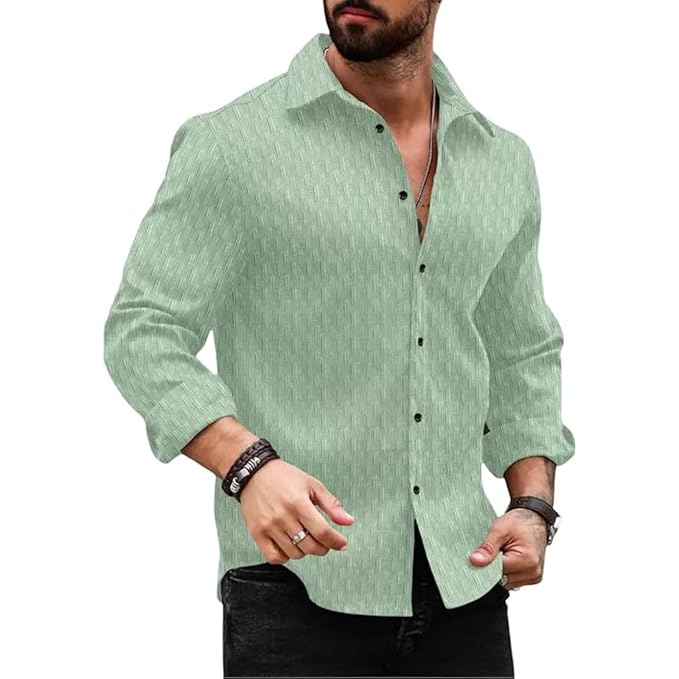 DEELMO Men’s Regular Fit Textured Shirt | Button-Down Long Sleeve Casual Hawaiian Shirt